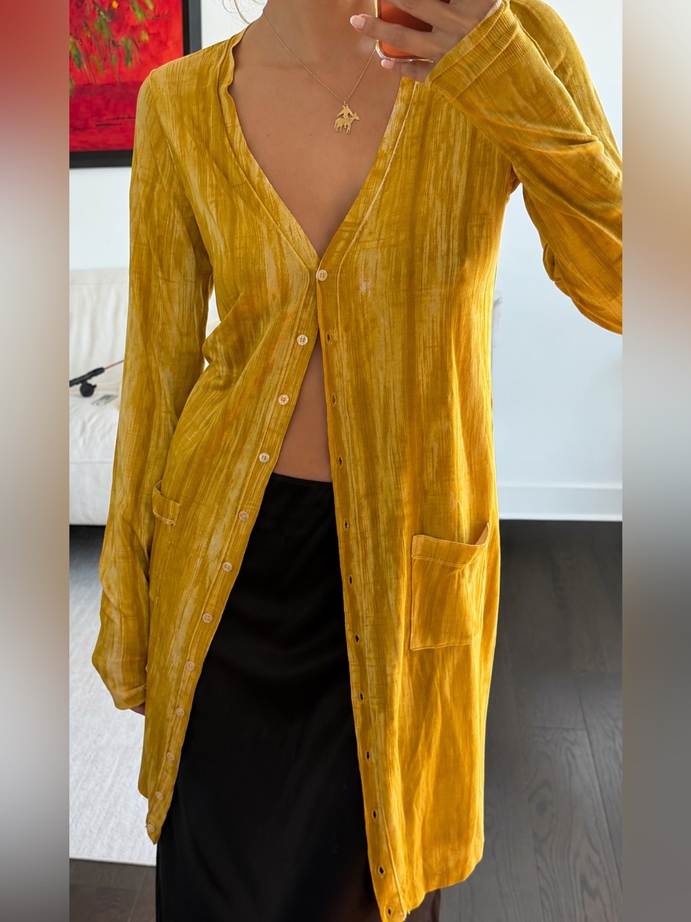 D&G Dolce & Gabbana 100% Silk Long Cardigan Sweater Dress Yellow Abstract Print
